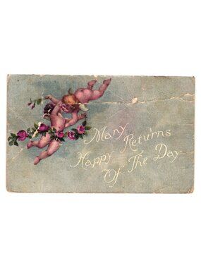 Antique Postcard 1907 Embossed Cherubs Roses Many Returns Happy Day Rare Art